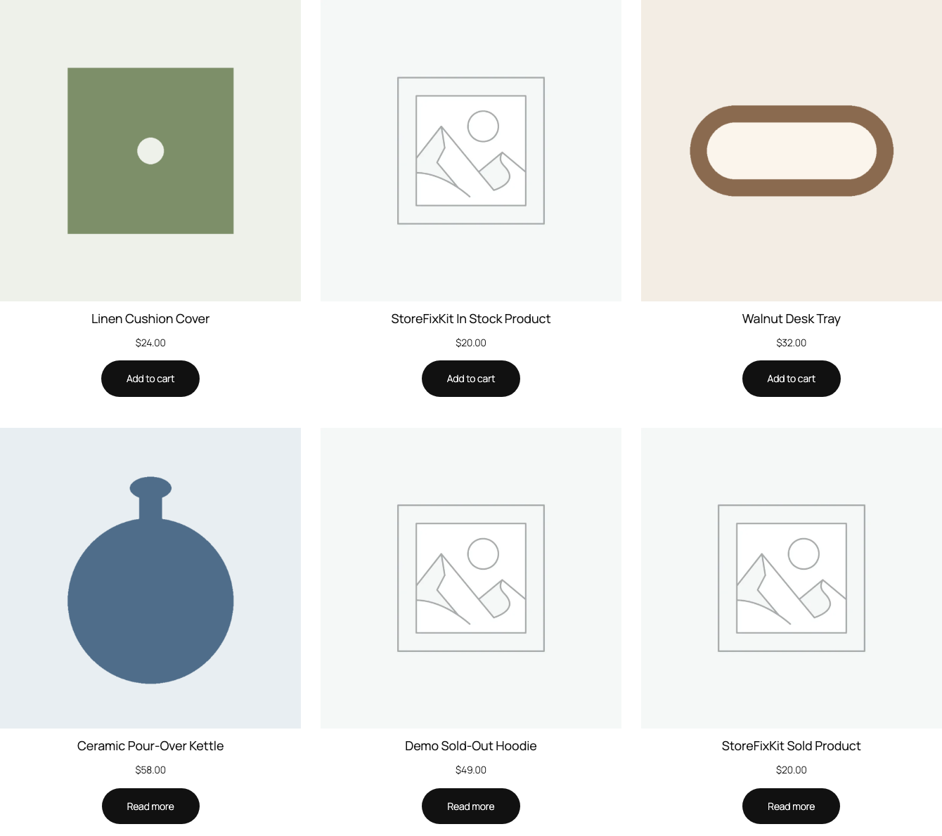 WooCommerce shop page listing in-stock products before an out-of-stock product