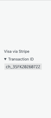 Payment Details Pro column showing Visa via Stripe and an expanded saved transaction ID
