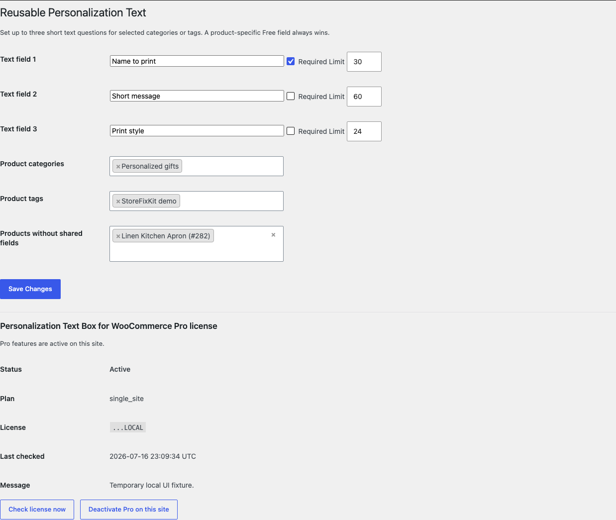 Personalization Text Pro reusable fields and category assignment settings