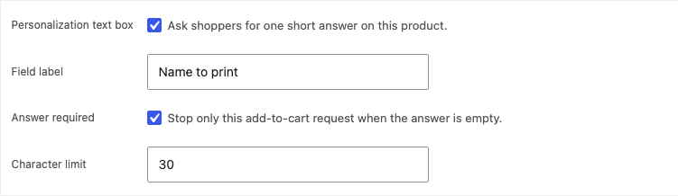 WooCommerce product editor showing the personalization text box label, required setting, and character limit