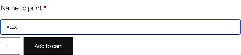 WooCommerce product page showing a required Name to print personalization text box