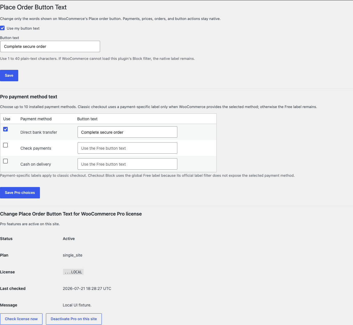 Place Order Button Text settings with the Free label and Pro payment-method text choices