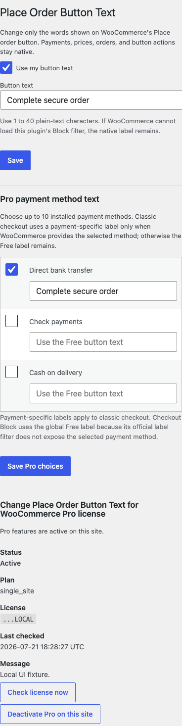 Place Order Button Text settings with Free and Pro controls at a mobile viewport