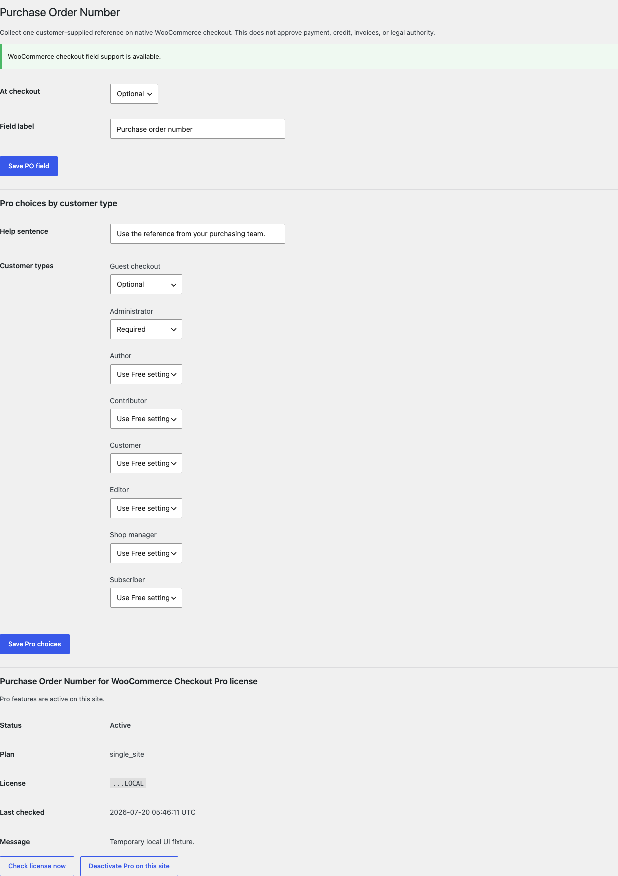 Purchase Order Number settings with Optional or Required mode and field label