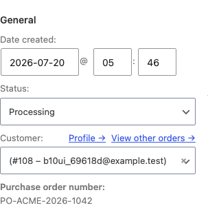 WooCommerce order screen showing the saved purchase order number