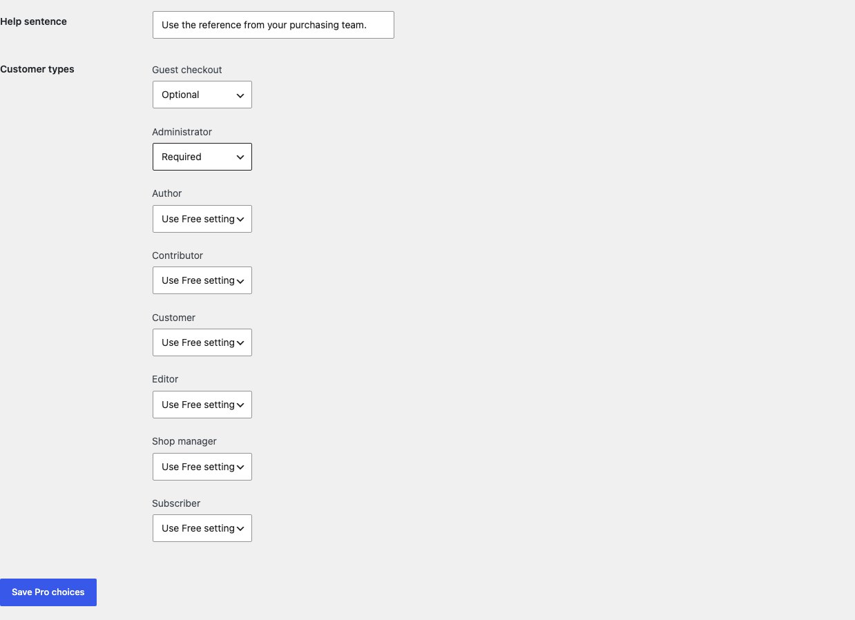 Purchase Order Number Pro settings with customer type choices and help sentence