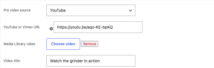 WooCommerce product editor with Pro video source, URL, Media Library, and title controls