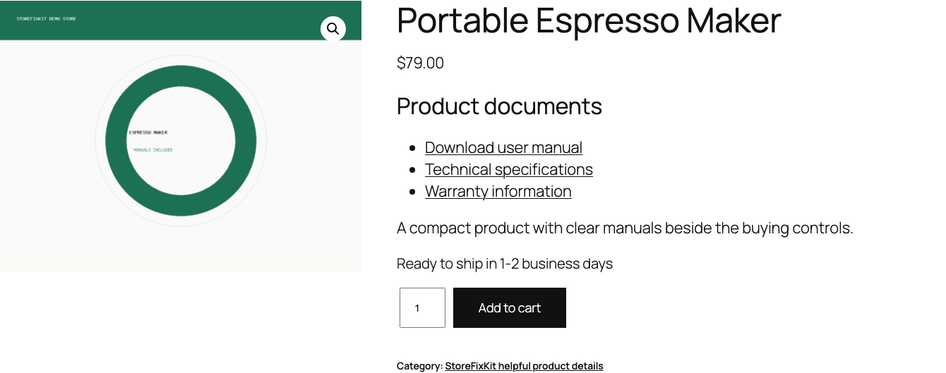 WooCommerce product page showing Product documents links for a manual, specifications, and warranty information