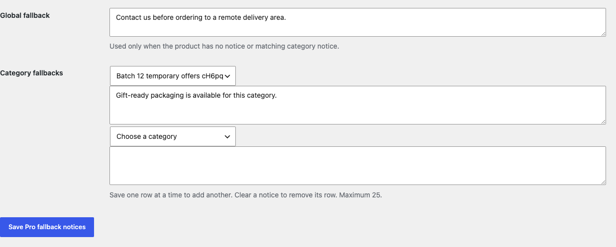 Product Notice Pro settings with global and category fallback notices