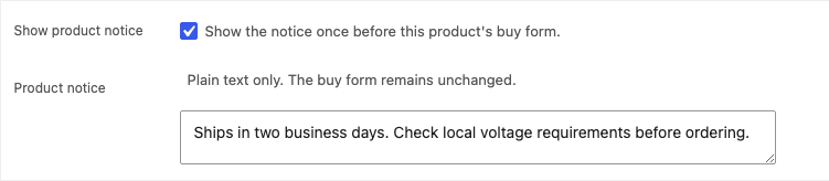 WooCommerce product editor with Show product notice and Product notice fields