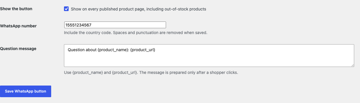 Product WhatsApp settings with one business number and one question message