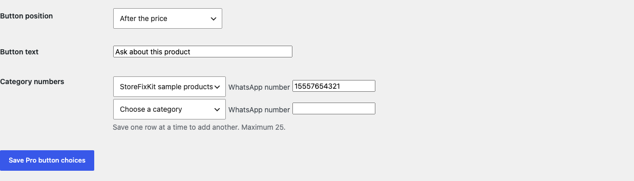 Ask About This Product Pro settings with button position, label, and category numbers