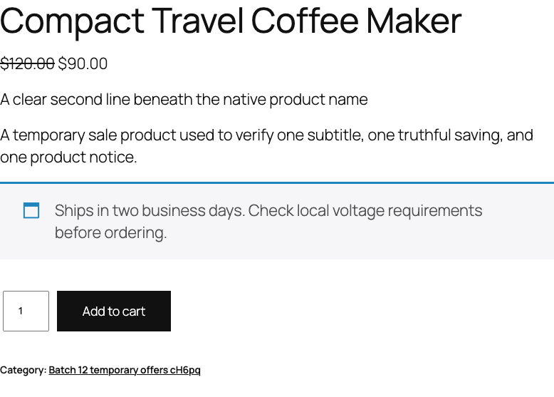 WooCommerce product page with a plain-text subtitle below the native product name
