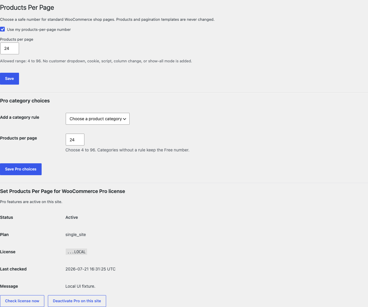 Products Per Page settings with one global count and category-specific Pro choices