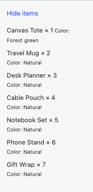Purchased Items Pro column showing seven item names, quantities, and bounded variation details