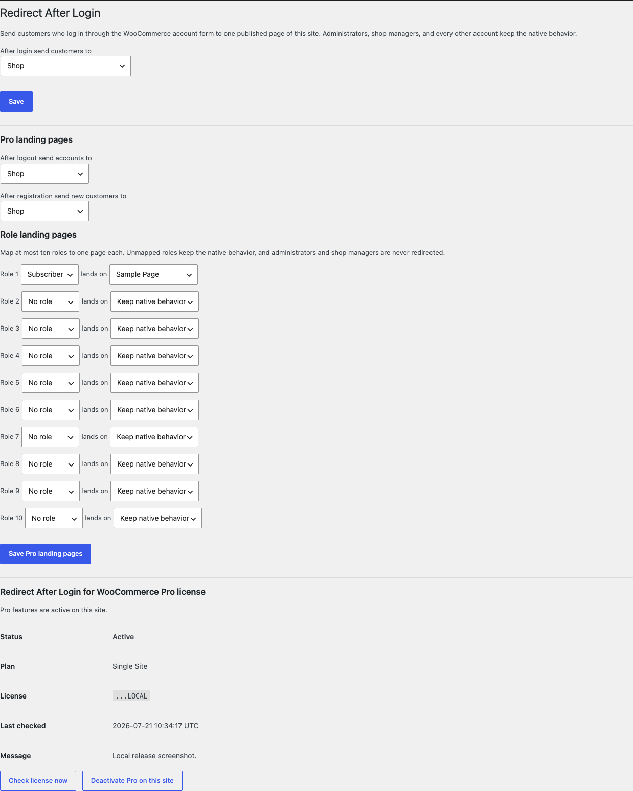 Redirect After Login settings with one published page chosen from the dropdown