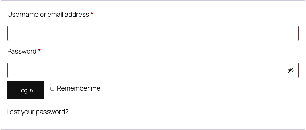 WooCommerce account login form with username, password, and Log in button on a desktop storefront