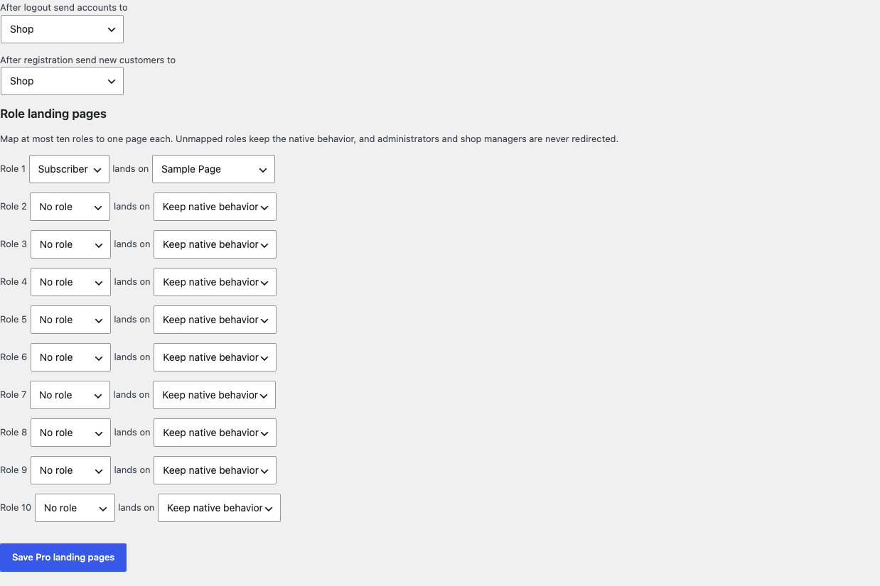 Redirect After Login Pro settings with logout and registration pages plus ten role landing rows