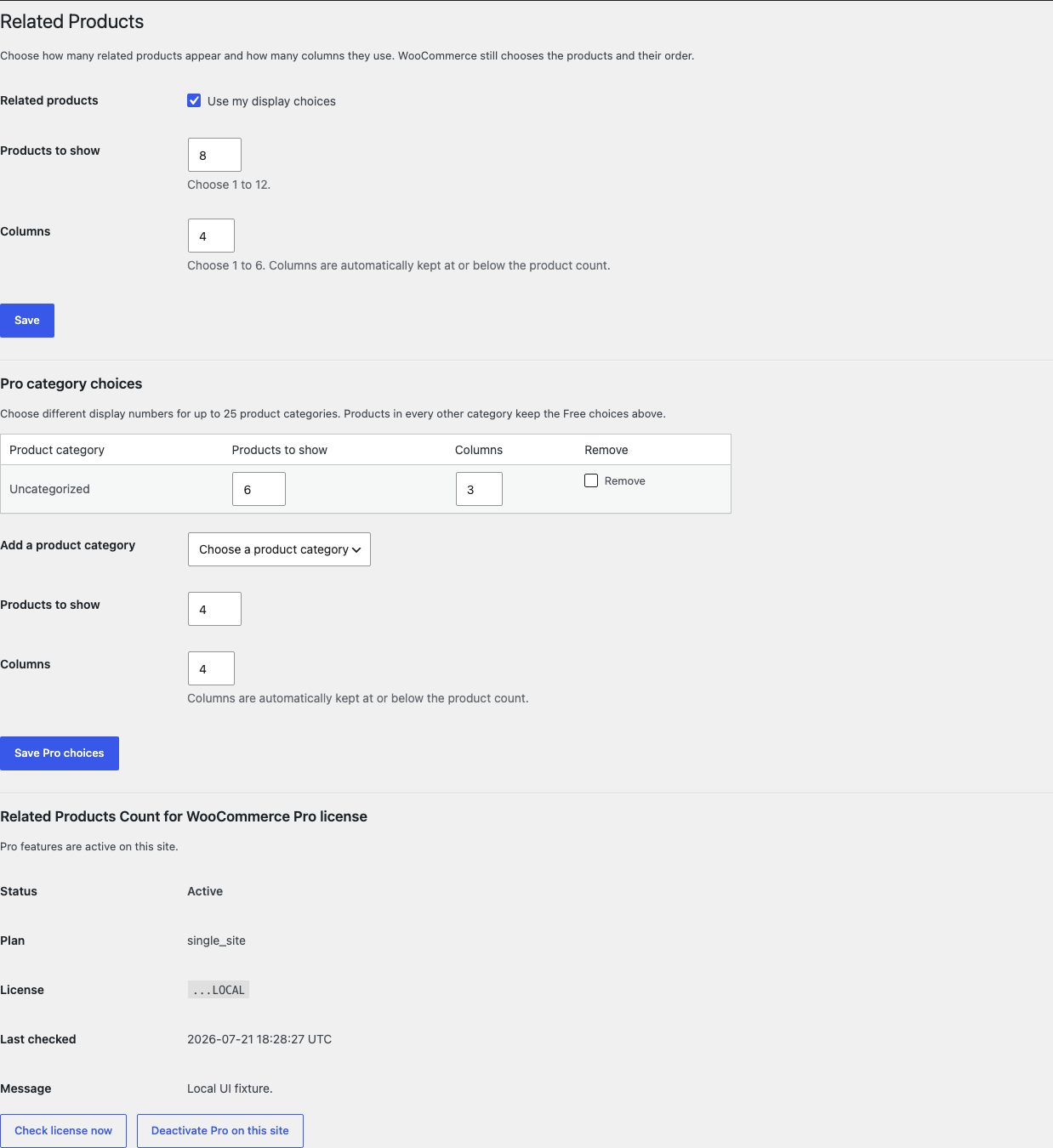 Related Products settings with the Free enabled switch, products-to-show number, columns number, and Pro category choices
