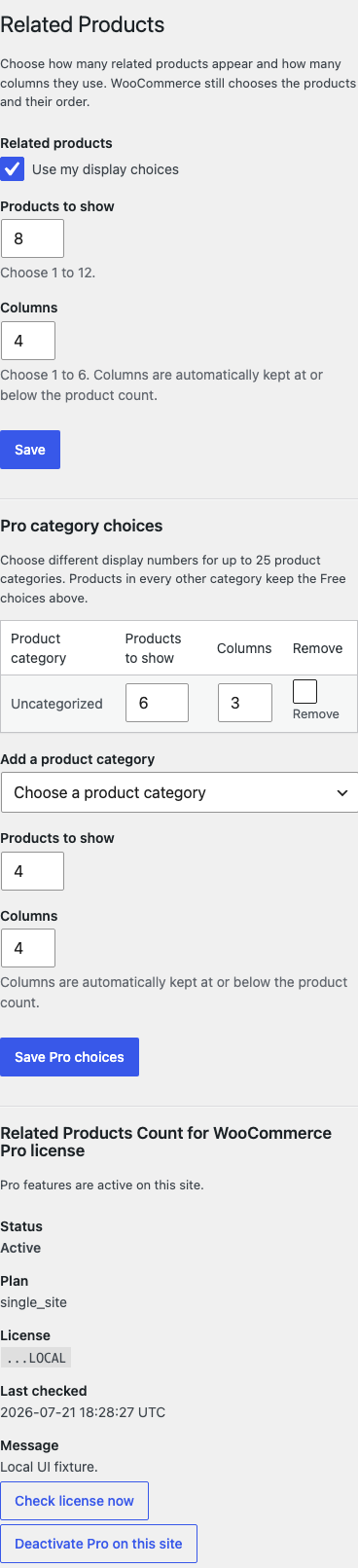 Related Products settings with global and category display choices at a mobile viewport