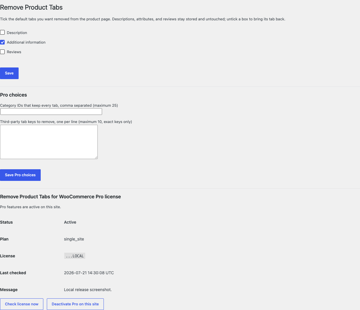 Remove Product Tabs settings with checkboxes for Description, Additional information, and Reviews