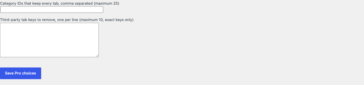 Remove Product Tabs Pro category exceptions and third-party exact-key settings