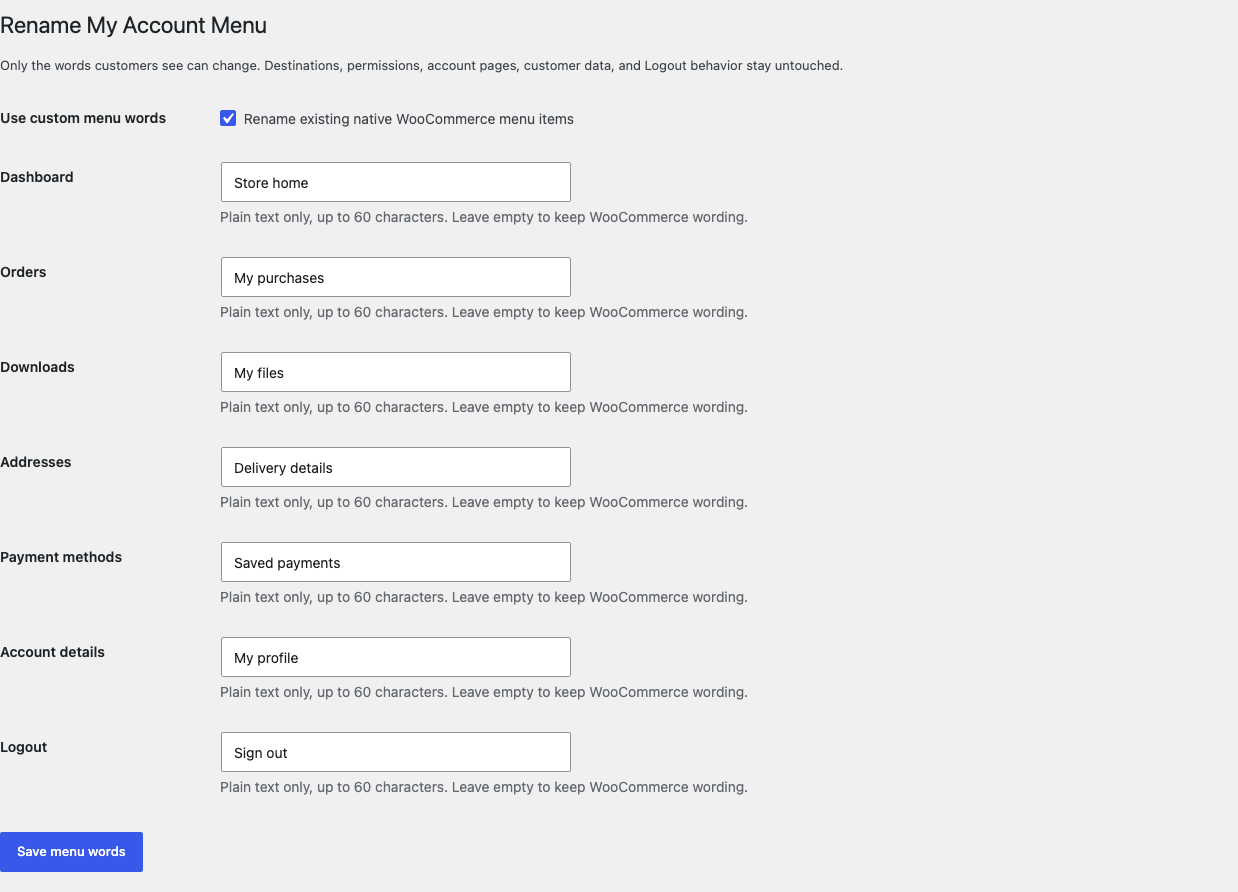 Rename My Account Menu settings with fields for WooCommerce native account items