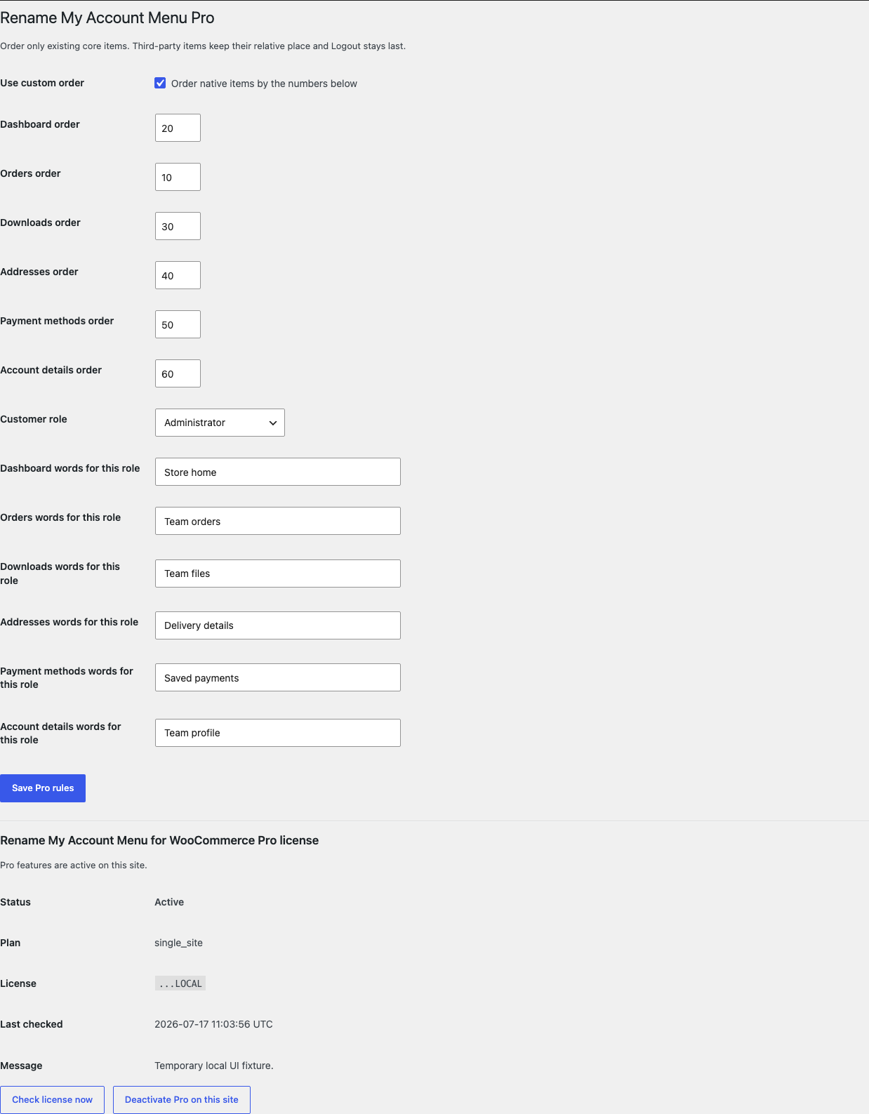 Rename My Account Menu Pro settings with native item order and one customer role