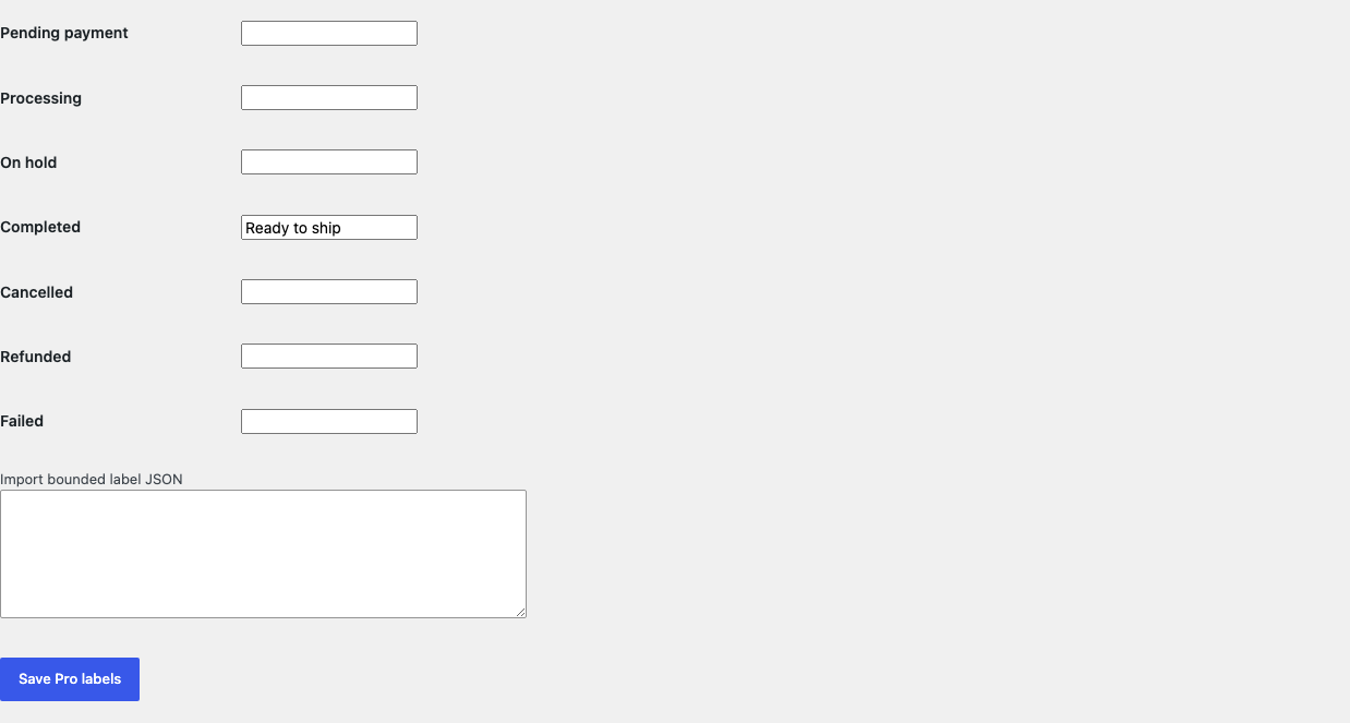 Rename Order Statuses Pro settings with seven native labels and local JSON import and export fields