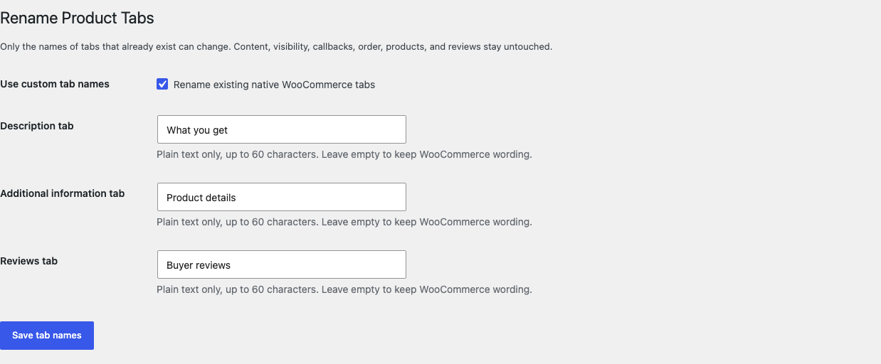 Rename Product Tabs settings with three optional native tab-name fields
