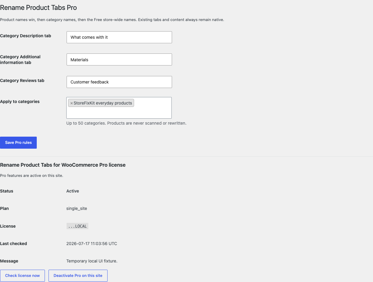 Rename Product Tabs Pro settings with category labels and selected categories