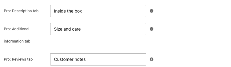 WooCommerce product settings with individual Pro product-tab labels
