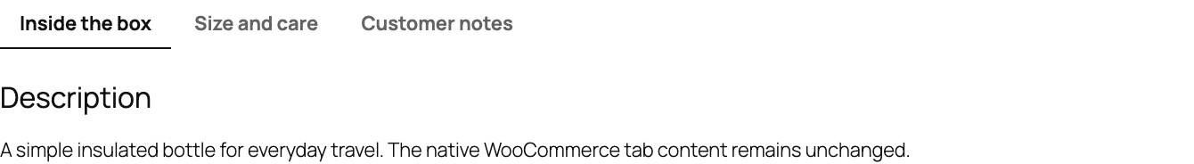 WooCommerce product page with renamed Description, Additional information, and Reviews tabs