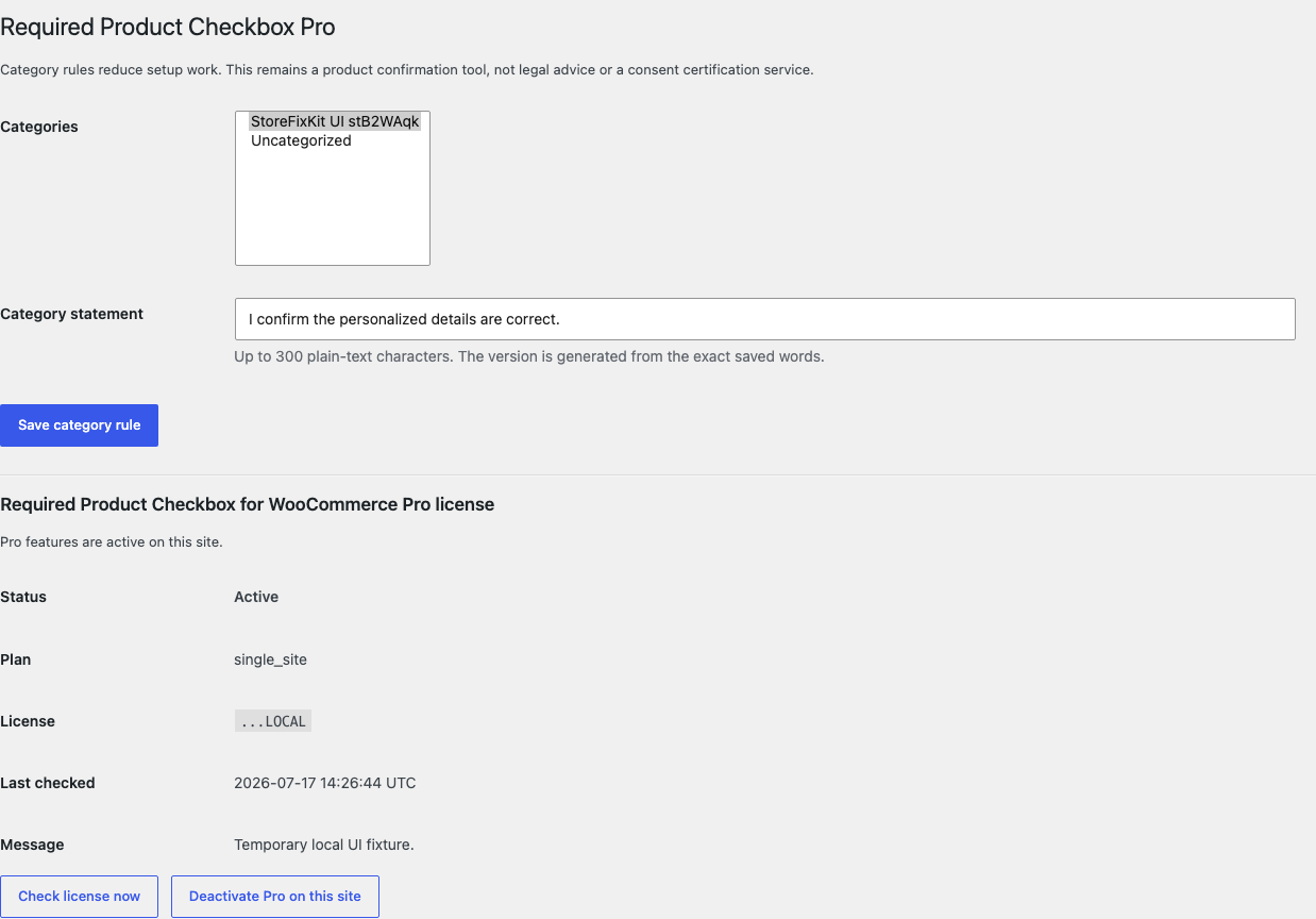 Required Product Checkbox Pro settings with selected categories and a category statement
