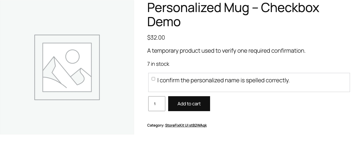 WooCommerce product page with a required product confirmation checkbox before Add to cart