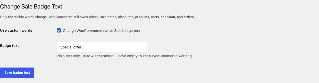 WooCommerce Sale Badge Text settings with one enabled checkbox and one short label field