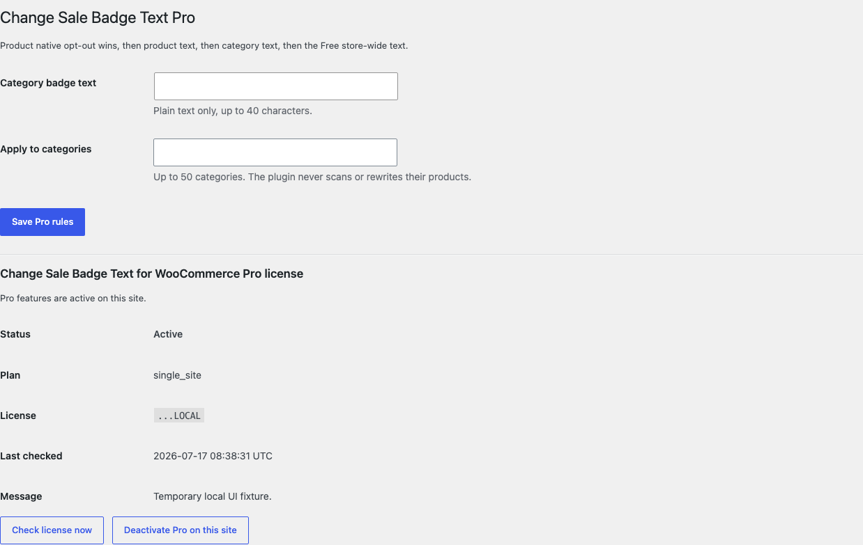 Sale Badge Text Pro settings with category badge text, selected categories, and active license status