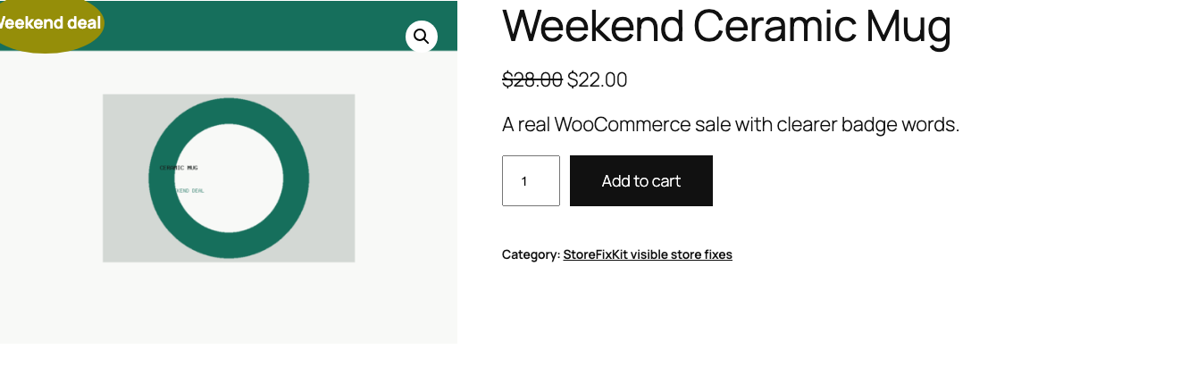 WooCommerce product page showing a Special offer badge above an unchanged sale price