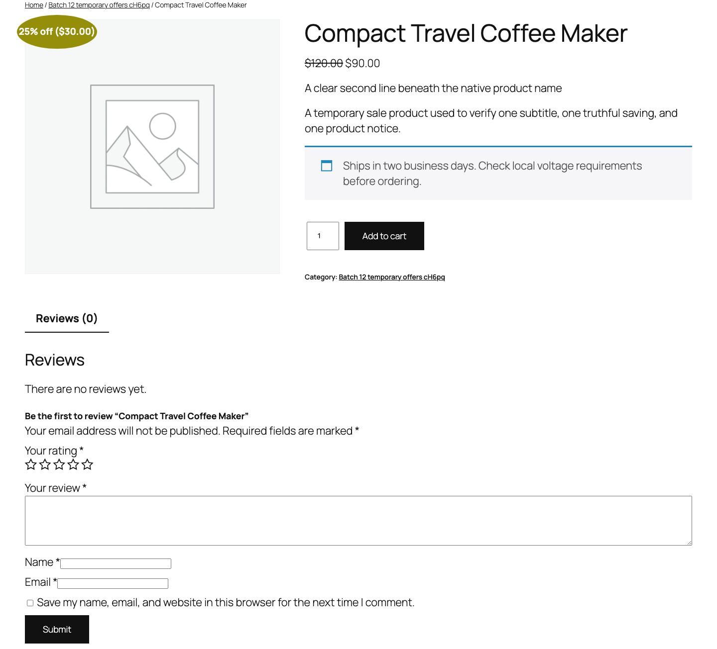 Desktop WooCommerce product page with a compact native badge showing the real saving