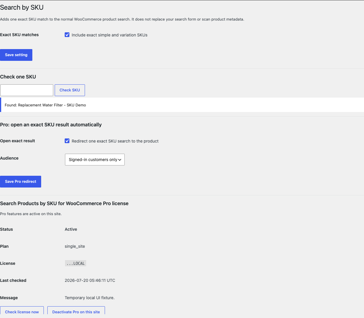 Search by SKU settings with exact matches enabled and the Check one SKU tool