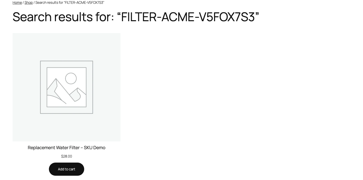 WooCommerce product search results showing a product found by its exact SKU