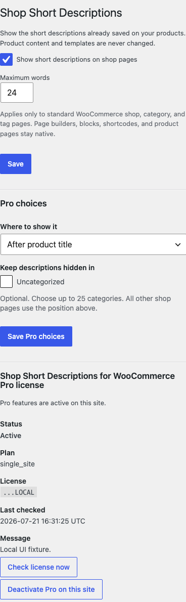 Shop Short Descriptions settings at a mobile viewport