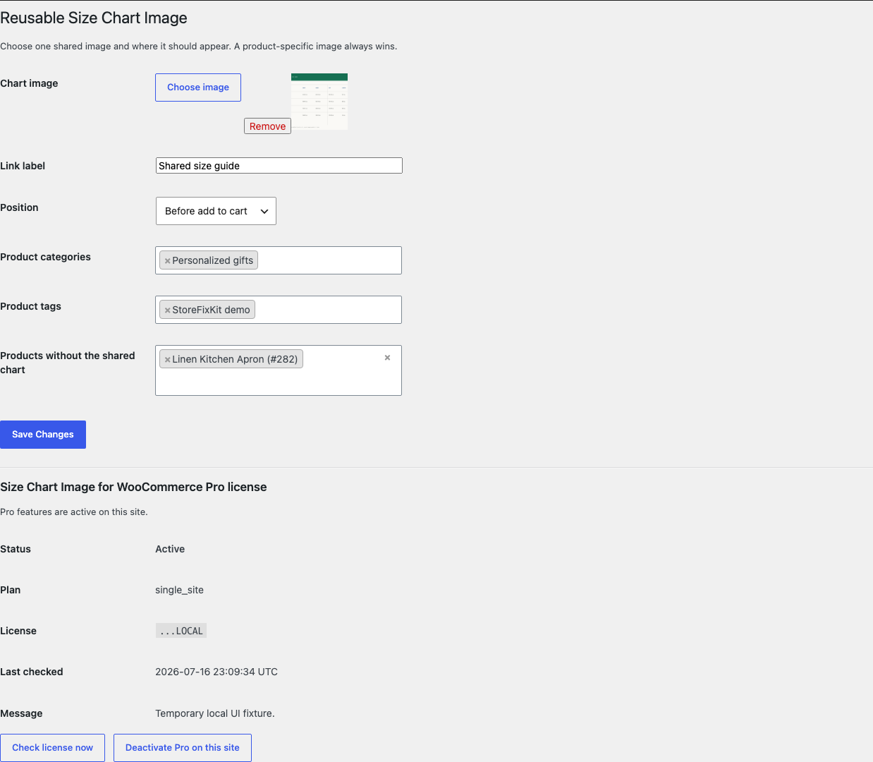 Size Chart Image Pro reusable image, placement, category, tag, and exception settings