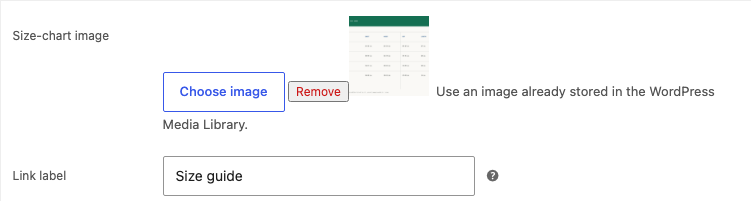 WooCommerce product editor showing the selected size-chart image and Size guide label