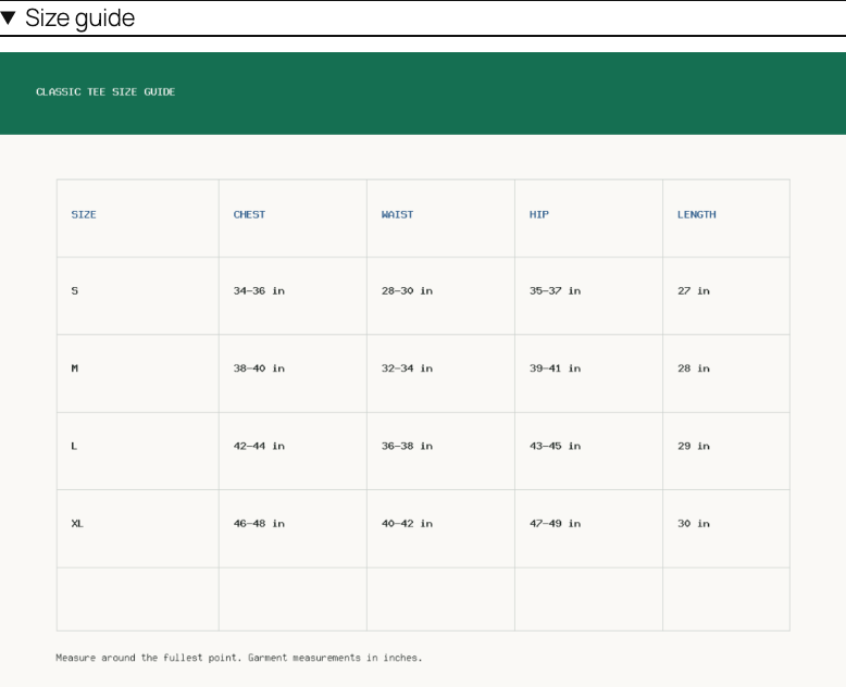 WooCommerce product page with an expanded inline Size guide showing a responsive chart image
