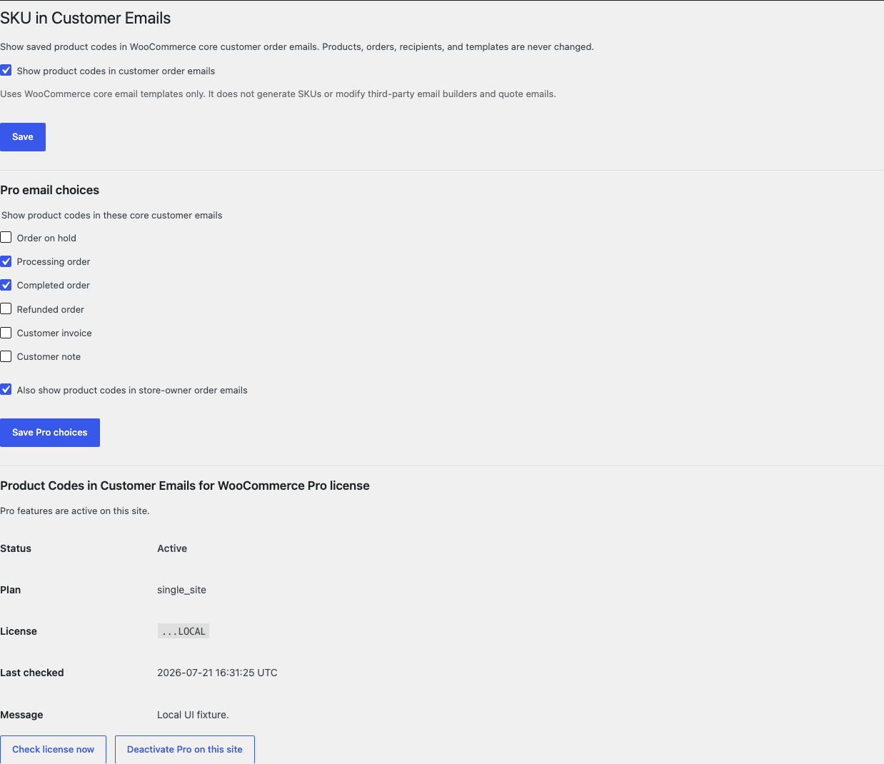 Product Codes in Customer Emails settings with the customer-email switch and Pro email choices