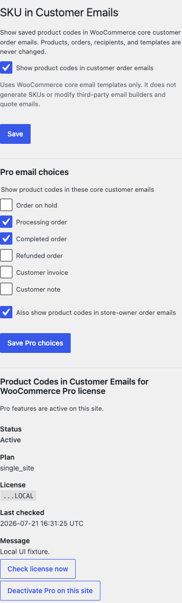 Product Codes in Customer Emails settings at a mobile viewport