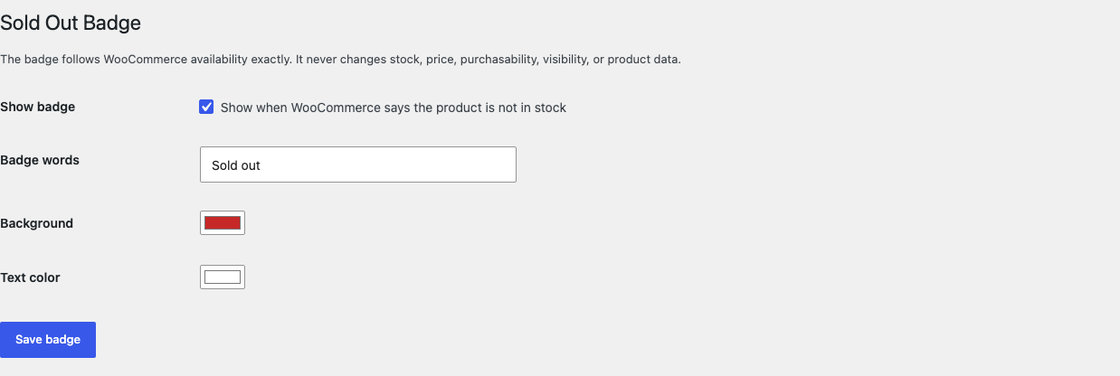 Sold Out Badge settings with words, background color, and text color