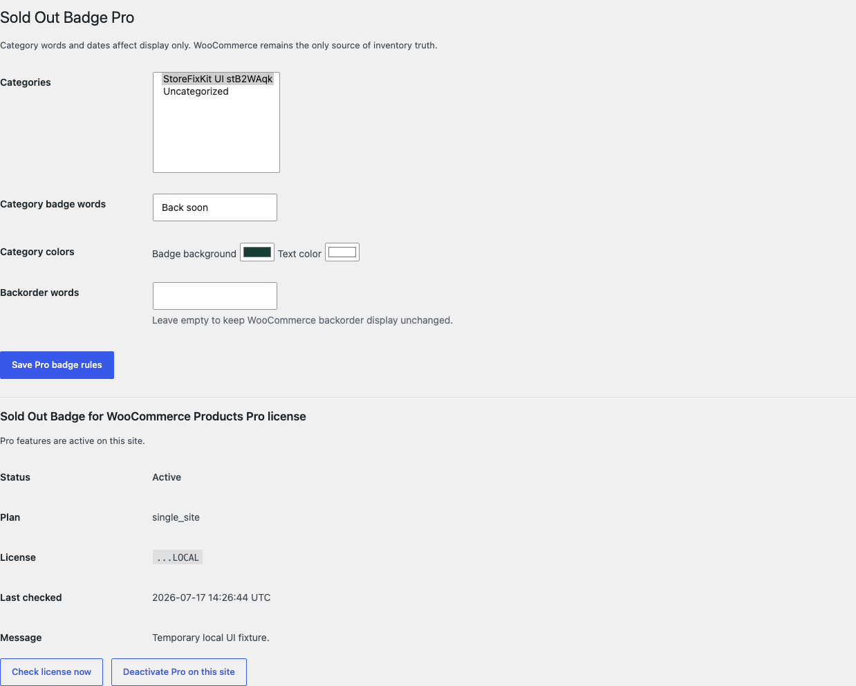 Sold Out Badge Pro settings with categories, badge colors, and backorder words