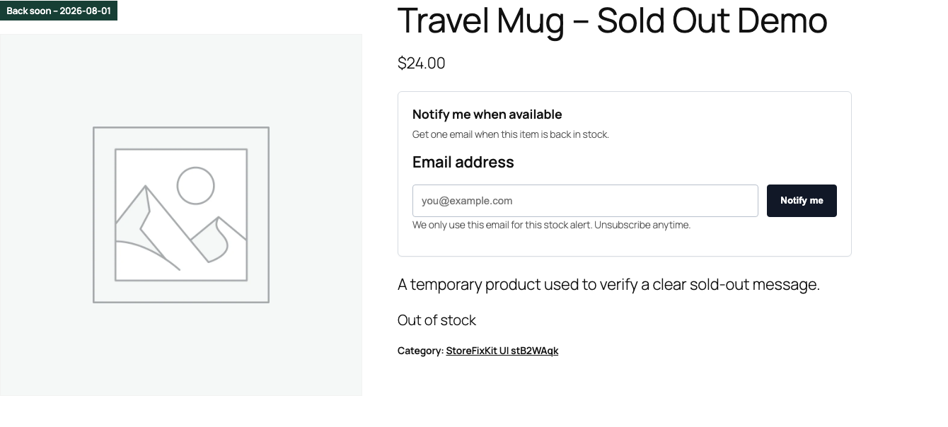 WooCommerce product page with one Sold out badge on an unavailable product image